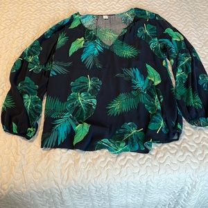 Cute Navy Blue and Green Palm Tree Patterned Old Navy V-Neck Blouse
